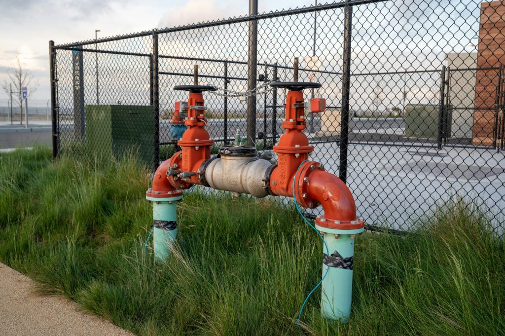 Ein rot-blauer Hydrant, der neben einem Zaun steht.